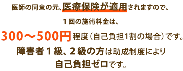 医師の同意の元、医療保険が適用されますので、1回の施術料金は、300~500円程度(自己負担1割の場合)です。