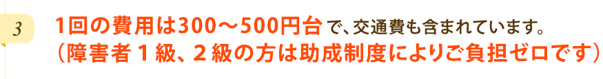 1回の費用は300~500円台で、交通費も含まれています。(障害者1級、2級の方は助成制度によりご負担ゼロです)