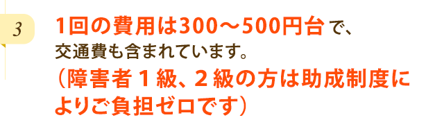 1回の費用は300~500円台で、交通費も含まれています。(障害者1級、2級の方は助成制度によりご負担ゼロです)